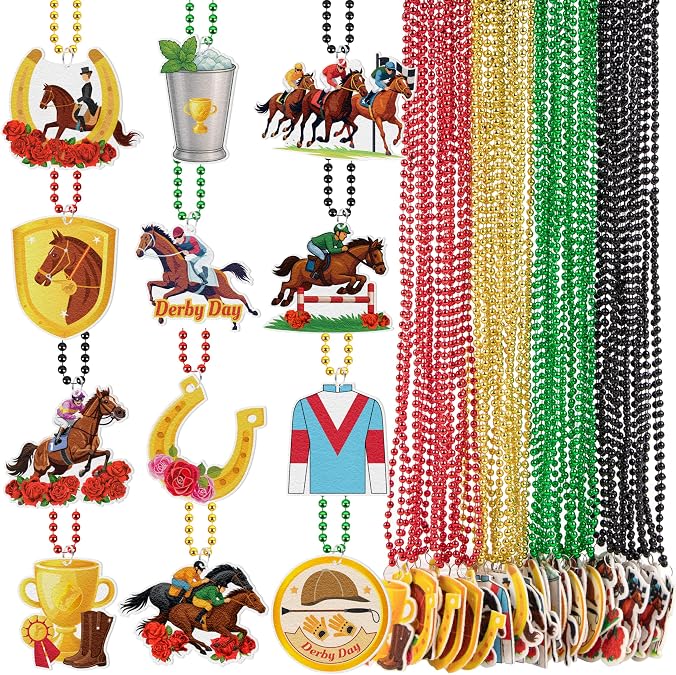 90shine 36 Pcs Kentucky Horse Derby Necklace Party Supplies - Horsing Racing Themed Beads with Pendant Accessories for Adult Women Men Decorations