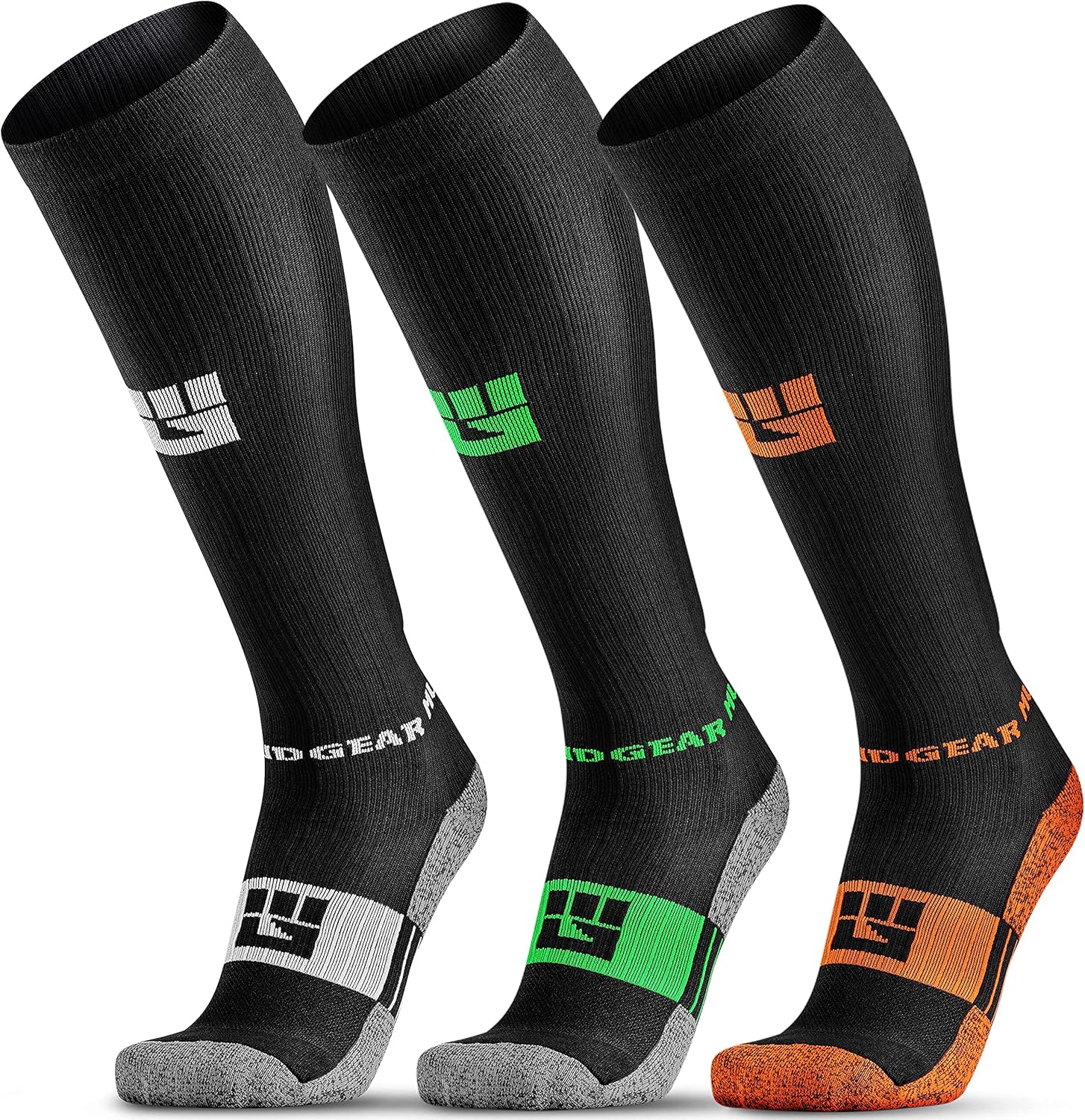 Premium Compression Socks Medium 3-Pack - Run, Hike, Trail, Recovery Size Medium - BlackGray, BlackGreen, and BlackOrange